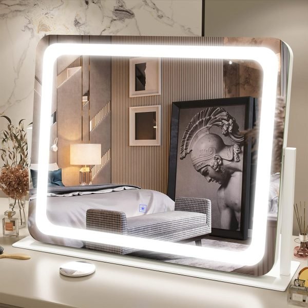Vanity Mirror with Lights - 15"x12.6" LED Lighted Makeup Mirror, Large Makeup Mirror with Lights, Touch Screen with 3-Color Lighting, Dimmable, for Vanity Desk Tabletop, Bedroom