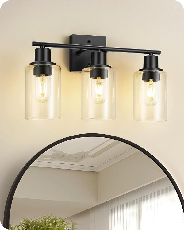 4-Light Black Bathroom Light Fixture, Vanity Light Over Mirror with Clear Glass Shade, Modern Sconce Wall Lighting with Metal Base, for Mirror Bedroom Powder Room Hallway, Black B04BD05