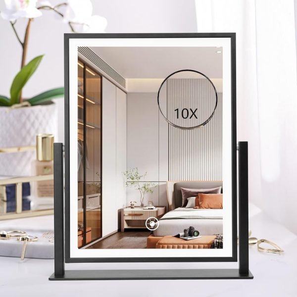 Lighted Vanity Mirror Fashion Makeup Mirror 12in Black for Desktop with Detachable,10x Magnifying,360° Rotation,Adjustable Warm White/Natural/Daylight Dimmable Light Memory,Birthday Gift for Woman