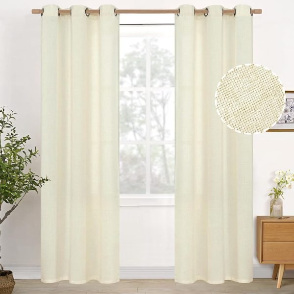 Natural Linen Curtains 63 Inch Length 2 Panels Bronze Grommet Linen Textured Short Window Drapes Light Filtering for Living Room Bedroom, 52 X 63 Inch
