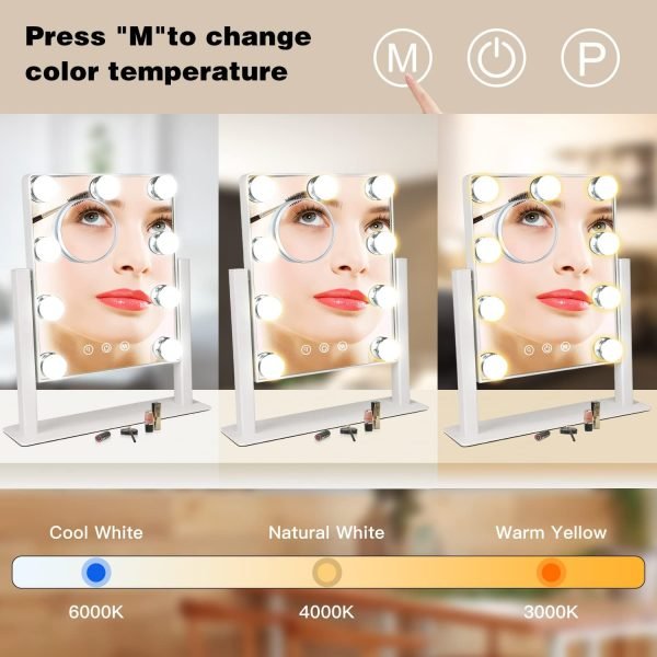 Makeup Vanity Mirror with Lights, 10X Magnification Hollywood Lighted Mirror with 9 Dimmer Led Bulbs, Plug in Light-up Beauty Mirror, Touch Screen Lighted Table Set Mirror, 360°Rotation(White)