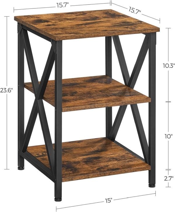 Three-Tier Nightstand with Storage, S-Shaped Steel Frame Coffee Table, Suitable for Living Room and Bedroom, 15.7 x 15.7 x 23.6 inches, Farmhouse Style, Rustic Brown and Black