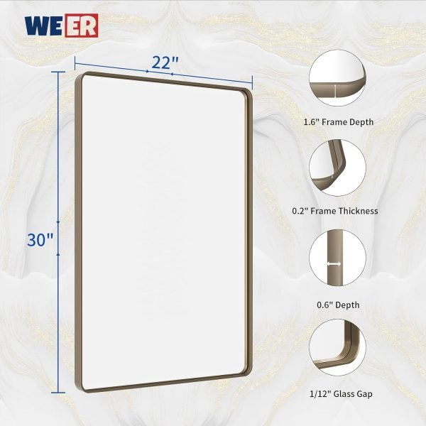 71eB8FI6R-L._AC_SL1500 22x30 Inch Bronze Bathroom Mirror for Vanity, Brushed Bronze Metal Frame Mirror for Wall, Rounded Rectangle Bronze Frame Mirror with Tempered Glass, Anti-Rust (Horizontal/Vertical)