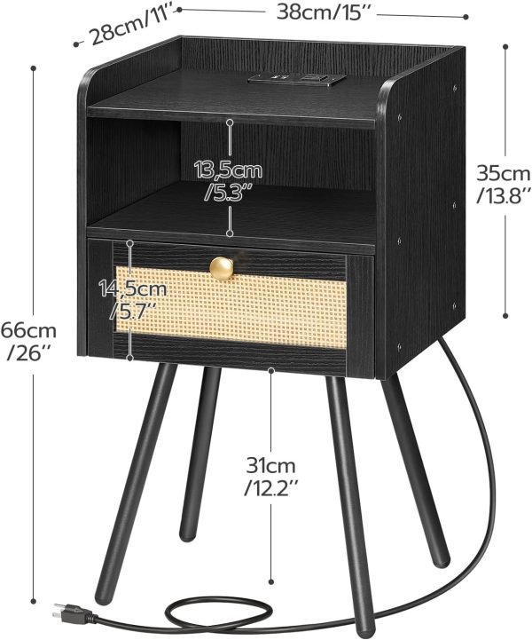 Nightstand with Charging Station, Side Table with Rattan-Like Decor Drawer, Rattan End Table with Open Storage, Bedside Table for Bedroom, Study Room, Black BB92UBZ01