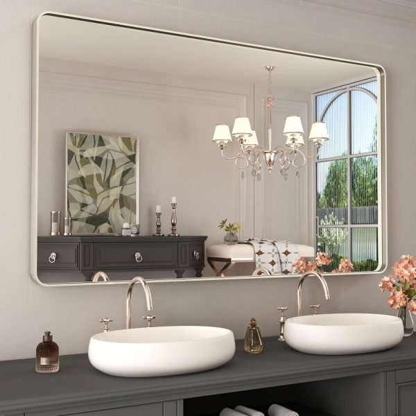 71fLd4KcRtL._AC_SL1500 22x30 Inch Bronze Bathroom Mirror for Vanity, Brushed Bronze Metal Frame Mirror for Wall, Rounded Rectangle Bronze Frame Mirror with Tempered Glass, Anti-Rust (Horizontal/Vertical)