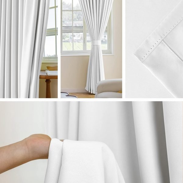 Pure White Pinch Pleat Curtain 52" W x 63" L Solid Thermal Insulated 50% Blackout Patio Door Curtain Panel Drape for Traverse Rod and Track with Tieback, (One Panel)