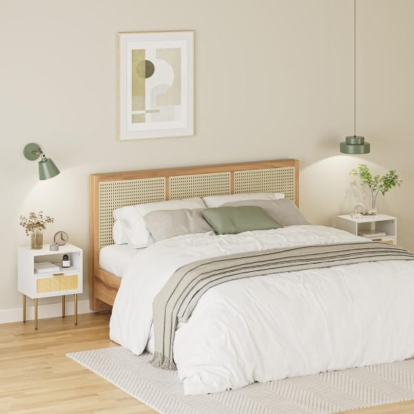 Rattan Nightstand, Drawer Dresser for Bedroom, Small Side Table with Drawer, Bedside Furniture, Night Stand, End Table with Gold Frame for Bedroom, Living Room, White