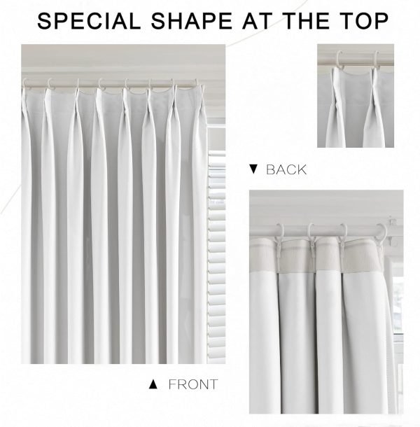 Pure White Pinch Pleat Curtain 52" W x 63" L Solid Thermal Insulated 50% Blackout Patio Door Curtain Panel Drape for Traverse Rod and Track with Tieback, (One Panel)