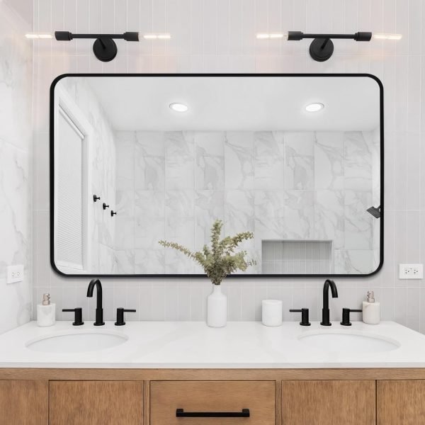 Arched Wall Mirror 20x30 Inch, Black Arch-top Bathroom Vanity Wall Mounted Mirror, Bedroom Modern Black Metal Framed Mirror