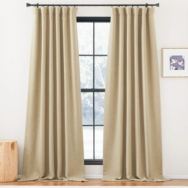 Faux Linen Curtains 90 inches Long for Doorway, Pinch Pleated Thick Room Darkening Window Treatments Noise Reducing Privacy for Living Room/Bedroom, Natural, W34 x L90, 2 Panels