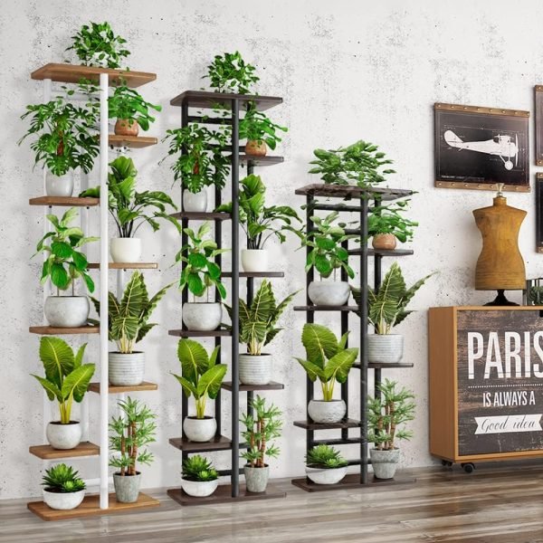71h4SiDmohL._AC_SL1000 Plant Stand, Multiple Flower Pot Holder Shelf, Wood and Metal Tall Plant Display Rack Storage Organizer for Indoor, Outdoor, Garden, Patio, Balcony(8 Tier 9 Potted)