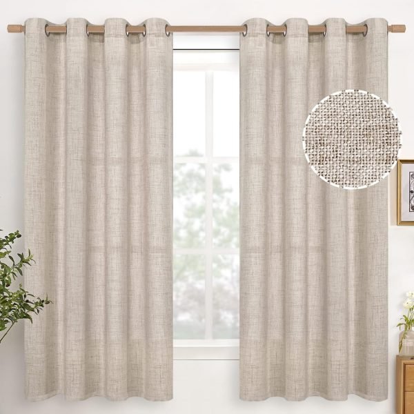 Natural Linen Curtains 63 Inch Length 2 Panels Bronze Grommet Linen Textured Short Window Drapes Light Filtering for Living Room Bedroom, 52 X 63 Inch