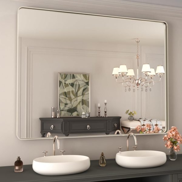 71hSRdDQm7L._AC_SL1500 22x30 Inch Bronze Bathroom Mirror for Vanity, Brushed Bronze Metal Frame Mirror for Wall, Rounded Rectangle Bronze Frame Mirror with Tempered Glass, Anti-Rust (Horizontal/Vertical)