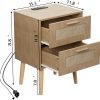 Nightstand with Charging Station,Rattan Night Stand with Solid Wood Legs, Bedside Table with USB Ports & Outlets Bed Side Table,End Table for Bedroom,Living Room(Nature Wood Color)