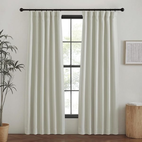 Faux Linen Curtains 90 inches Long for Doorway, Pinch Pleated Thick Room Darkening Window Treatments Noise Reducing Privacy for Living Room/Bedroom, Natural, W34 x L90, 2 Panels