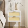 Rattan Nightstand, Drawer Dresser for Bedroom, Small Side Table with Drawer, Bedside Furniture, Night Stand, End Table with Gold Frame for Bedroom, Living Room, White