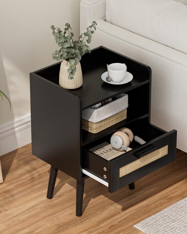 71lij4-yRcL._AC_SL1500 Nightstand,Boho Bedside Table,Black Night Stand with Rattan Decorated Drawers,Bedside Furniture, Wood End Table for Bedroom,Living Room,Natural