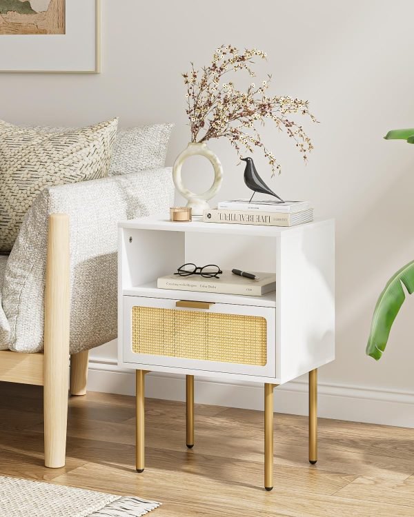 Rattan Nightstand, Drawer Dresser for Bedroom, Small Side Table with Drawer, Bedside Furniture, Night Stand, End Table with Gold Frame for Bedroom, Living Room, White
