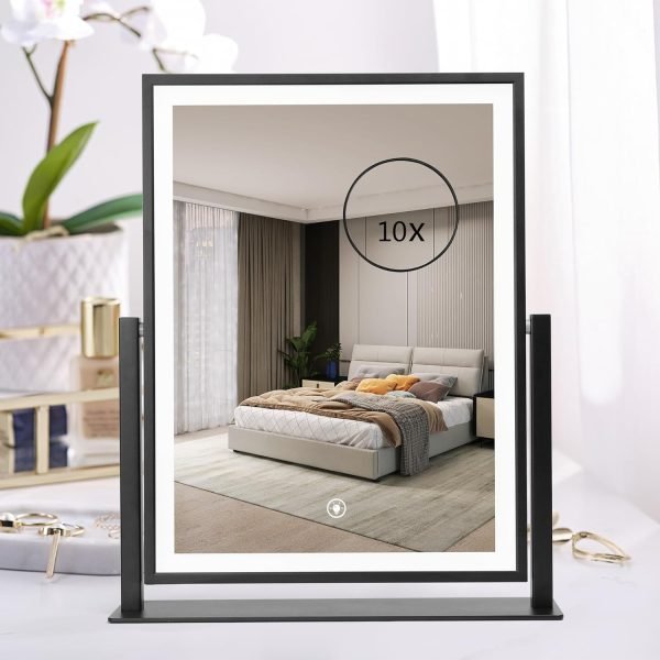 Lighted Vanity Mirror Fashion Makeup Mirror 12in Black for Desktop with Detachable,10x Magnifying,360° Rotation,Adjustable Warm White/Natural/Daylight Dimmable Light Memory,Birthday Gift for Woman