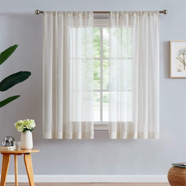 Linen Sheer Curtains 108inches Long for Living Room Flax Blend Retro Window Draperies for Bedroom Sheers Rod Pocket 52" w x 2Panel Natural
