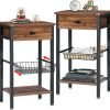 Tall Side End Table,Nightstands Shelf Storage Organizer with Versatile Metal Basket for Telephone Entryway/Living Room/Bedroom/Kitchen,31" H, 1 Set, Rustic Brown
