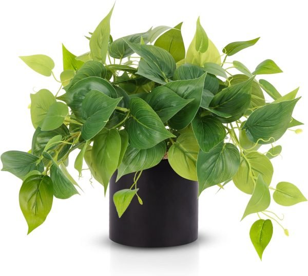 Faux Plants Indoor with Ceramic Pots, Artificial Small Fake Plants with Pothos for Home Decor Fake Potted Plant for Living Room Shelf Home Office Decor（White Ceramic Pot）