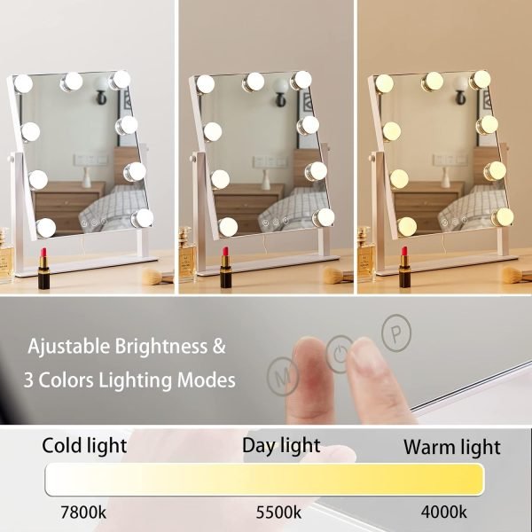Hollywood Vanity Mirror with 9 Dimmable Bulbs Lights, Three Color Lighting Modes, and 5X Magnification, Smart Touch Control, 360°Rotation (White,Gift Box)