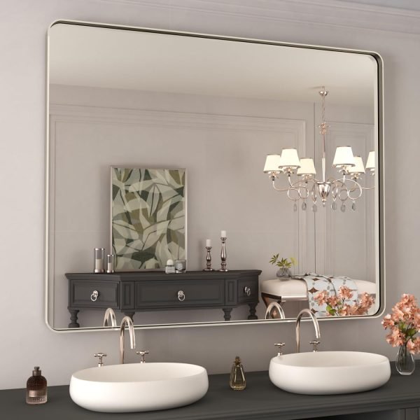 71vuHdEOf8L._AC_SL1500 22x30 Inch Bronze Bathroom Mirror for Vanity, Brushed Bronze Metal Frame Mirror for Wall, Rounded Rectangle Bronze Frame Mirror with Tempered Glass, Anti-Rust (Horizontal/Vertical)