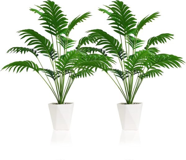 Set of 2 Artificial Monstera Deliciosa Plants in Pots, Fake Tropical Palm Tree with Greenery Leaves Stems, 28 Inch Artificial Cheese Plant for Home Bathroom, Office, Windowsill Decor
