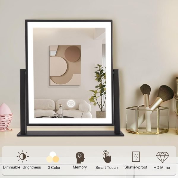 71wyiwY9MQL._AC_SL1500 Vanity Mirror with Lights,16"×14" Makeup Mirror with Light Smart Touch Control Dimmable 3 Modes Lighted LED Mirror 360°Rotation Black