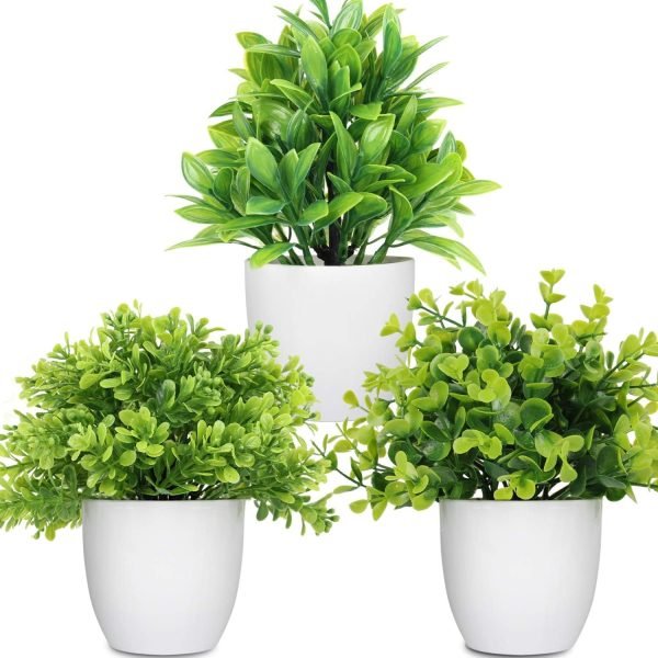 71x3PY4raSL._AC_SL1500 rtificial Potted Plants Mini Fake Plants in Pots, 4 Pack Medium Eucalyptus Potted Faux Decorative Grass Plant with White Plastic Pot for Home Decor, Indoor, Office, Desk, Table Decoration