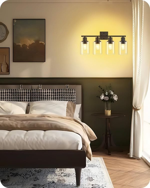 4-Light Black Bathroom Light Fixture, Vanity Light Over Mirror with Clear Glass Shade, Modern Sconce Wall Lighting with Metal Base, for Mirror Bedroom Powder Room Hallway, Black B04BD05