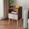 NightStand with Fabric Drawer, Bedside Table with Solid Wood Legs, Minimalist and Practical End Side Table with Open Storage Shelf for Bedroom, White.