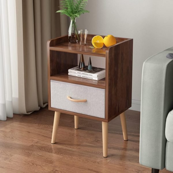 NightStand with Fabric Drawer, Bedside Table with Solid Wood Legs, Minimalist and Practical End Side Table with Open Storage Shelf for Bedroom, White.