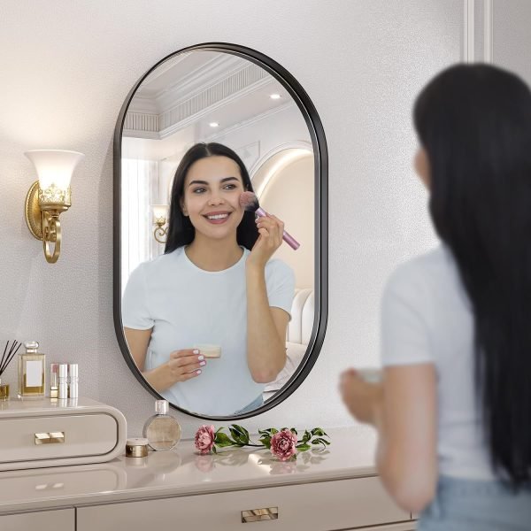 Black Oval Mirror for Bathroom Vanity 20x30 Inch, Matte Black Bathroom Mirrors for Wall Metal Frame, Wall Mounted Mirror for Bedroom Living Room Wall Decor Hang Vertical and Horizontal