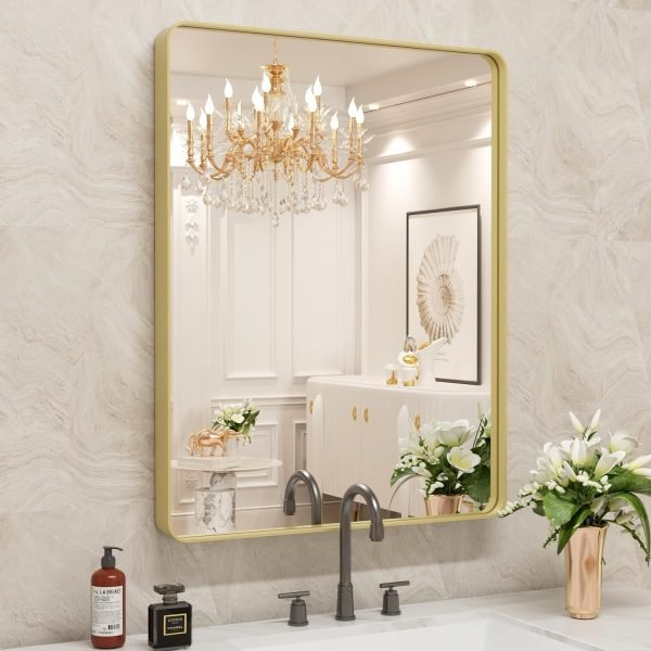 71zqLMI_zzL._AC_SL1500 22x30 Inch Bronze Bathroom Mirror for Vanity, Brushed Bronze Metal Frame Mirror for Wall, Rounded Rectangle Bronze Frame Mirror with Tempered Glass, Anti-Rust (Horizontal/Vertical)