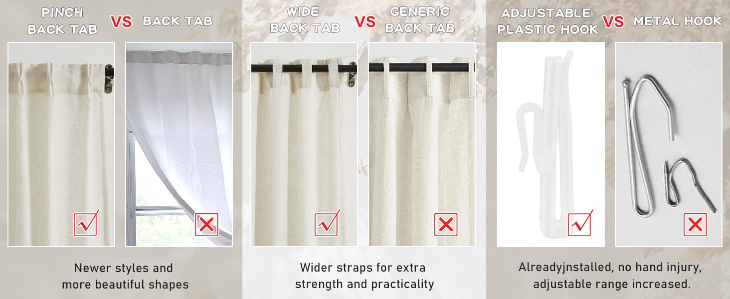 Pinch Pleated Window Curtains Pinch Pleat Back Tab Light Filtering Drapes with Hooks Boho Farmhouse