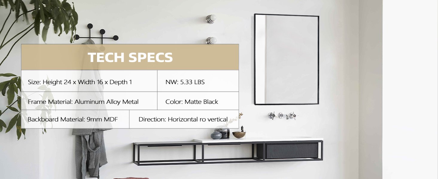16 x 24 Inch Matte Black Bathroom Mirror