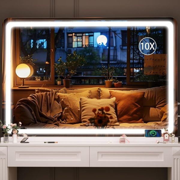 81-3DDP3LlL._AC_SL1500 Vanity Mirror with Lights, 10"×12" LED Makeup Mirror, Lighted Makeup Mirror with Lights, Smart Touch Control Dimmable 3 Modes Light 360°Rotation White