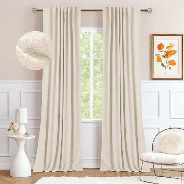 81-4iAINIkL._AC_SL1500 100% Blackout Curtains for Bedroom, Thermal Insulated Linen Blackout Curtains 96 Inch Length 2 Panels Set, Back Tab/Rod Pocket Room Darkening Curtains for Bedroom, Nursery -Oatmeal,W50 X L96