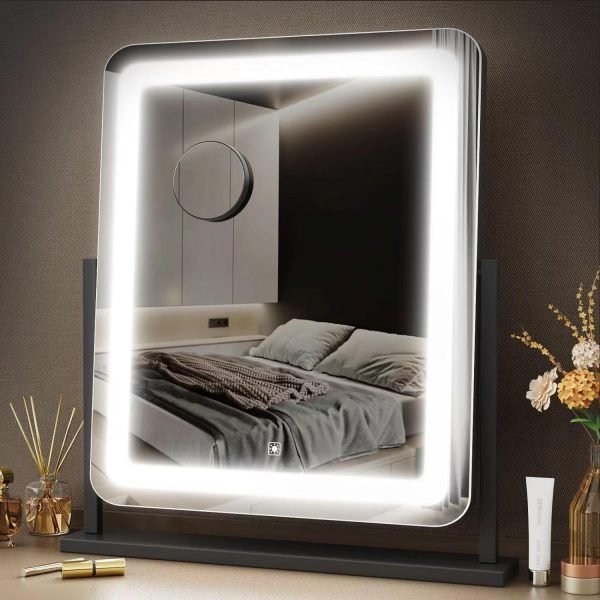 Makeup Vanity Mirror with Lights 15.2" Large LED Lighted Mirror, Hollywood Make Up Mirror with Lighting for Bedroom Tabletop, Smart Touch, Detachable 10X Magnification 360° Rotation, (White)