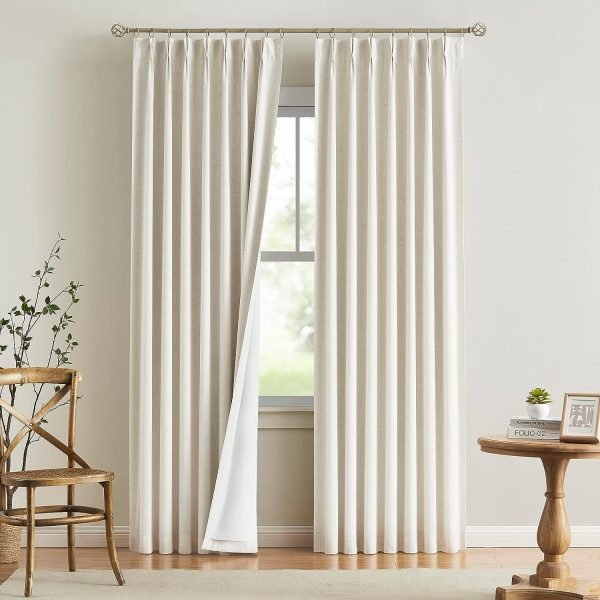 Natural Full Blackout Curtains Linen Blended Darkening Window Curtains 84 inch for Living Room Bedroom Thermal Insulated Pinch Pleat Drapes with Hooks 2 Panel 40"Wx84"L