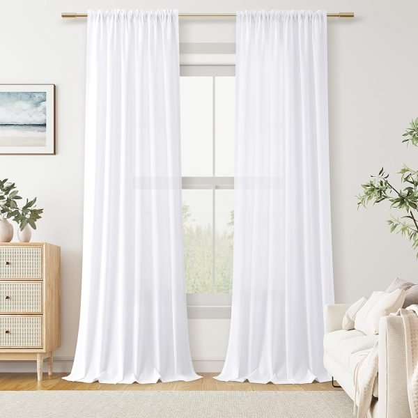 Pure White Linen Curtains 90 Inch Length for Living Room Bedroom 2 Panels Set Rod Pocket Light Filtering Semi Sheer Window Curtains 52 Inch Width Boho Farmhouse Linen Drapes, W52xL90