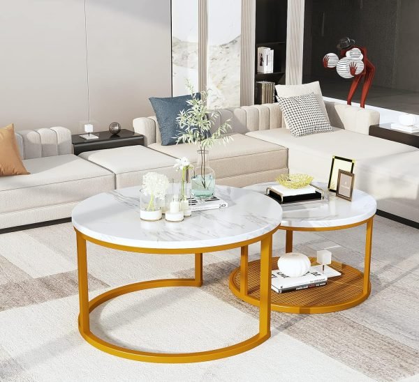 Marble Coffee Table, Faux Marble Top Rectangular Coffee Table with Gold Metal Frame, 2 Tier Living Room Table for Living Room, Office, Balcony, 40 Inch, White and Gold