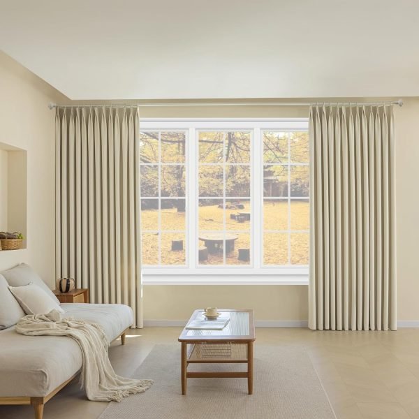 Pure White Pinch Pleat Curtain 52" W x 63" L Solid Thermal Insulated 50% Blackout Patio Door Curtain Panel Drape for Traverse Rod and Track with Tieback, (One Panel)