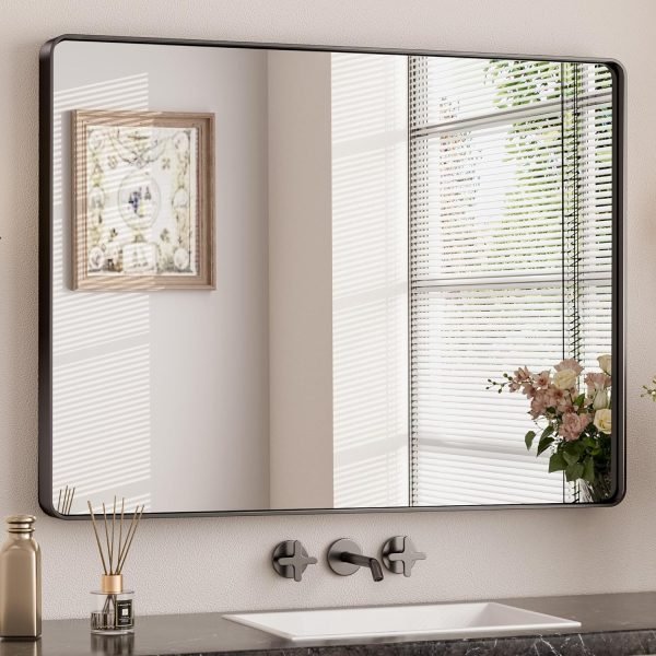 814JHsyPPeL._AC_SL1500 Black Metal Framed Bathroom Mirrors for Wall, 20 x 30 Inch Rounded Rectangle Bathroom Vanity Mirror, Matte Black Farmhouse Mirror with Seamless Frame, HD Tempered Glass(Horizontal/Vertical)