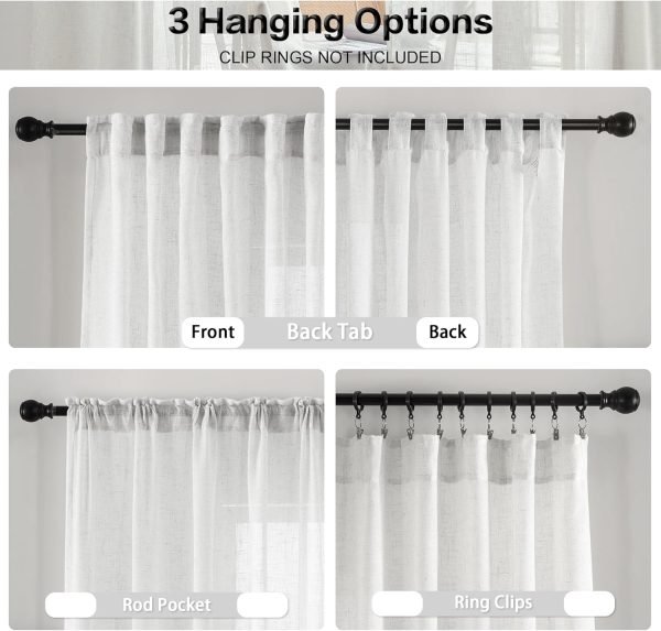 White Linen Sheer Curtains 96 Inch Length for Extra Wide Windows 84 Inch Width 2 Panel Back Tab Pocket Light Filter Semi Sheer Long Skinny Curtains for Living Room Rustic Farmhouse 8 FT Wide 84 x 96