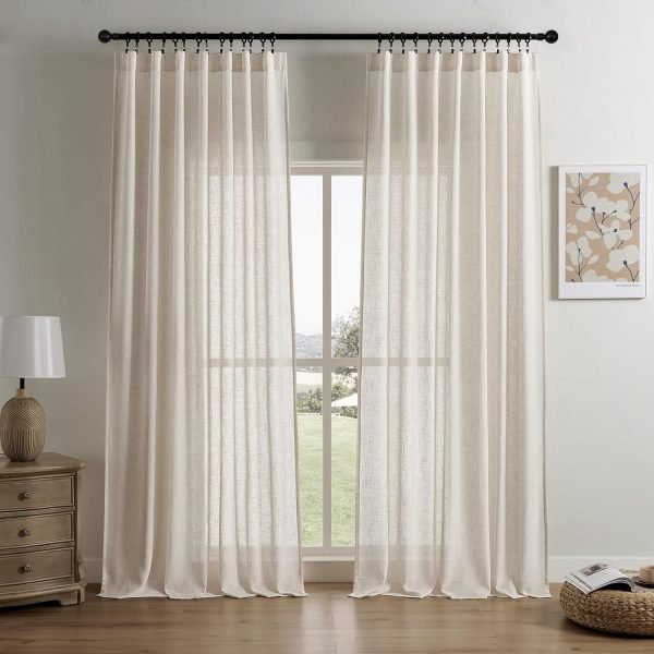 Linen Curtains for Living Room,Semi-Sheer Curtains 90 Inches Long,Living Room Curtains 2 Panel Sets,White Curtains Pinch Pleated Curtains & Drapes(W52 x L90 Inch, Off-White)
