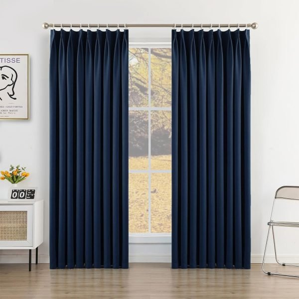Pure White Pinch Pleat Curtain 52" W x 63" L Solid Thermal Insulated 50% Blackout Patio Door Curtain Panel Drape for Traverse Rod and Track with Tieback, (One Panel)