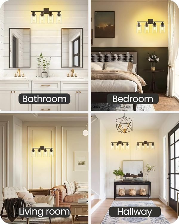 4-Light Black Bathroom Light Fixture, Vanity Light Over Mirror with Clear Glass Shade, Modern Sconce Wall Lighting with Metal Base, for Mirror Bedroom Powder Room Hallway, Black B04BD05